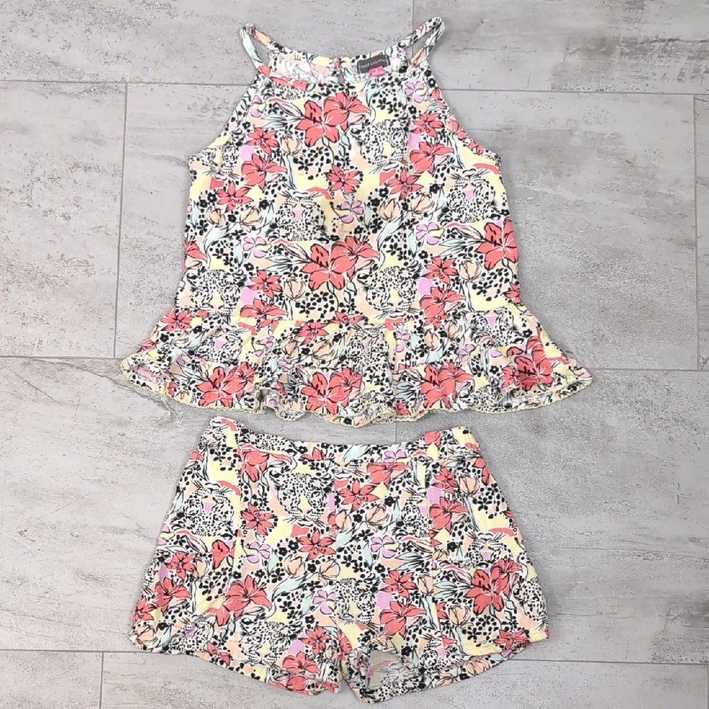 Vince Camuto Linen Tank Top Shirts Matching Set Floral Tiger Girls Size 8 Pink